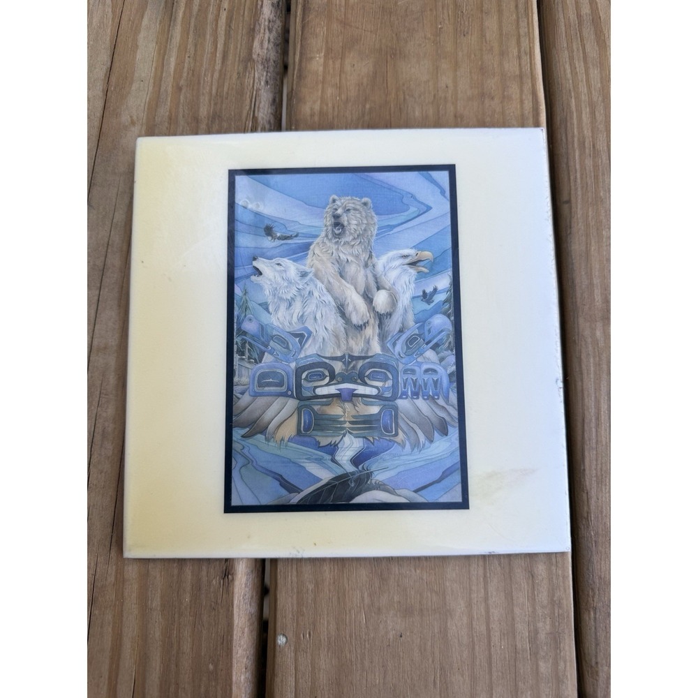 Vintage Jody Bersgma Ceramic Art Tile Trivet Native American Northern Animals